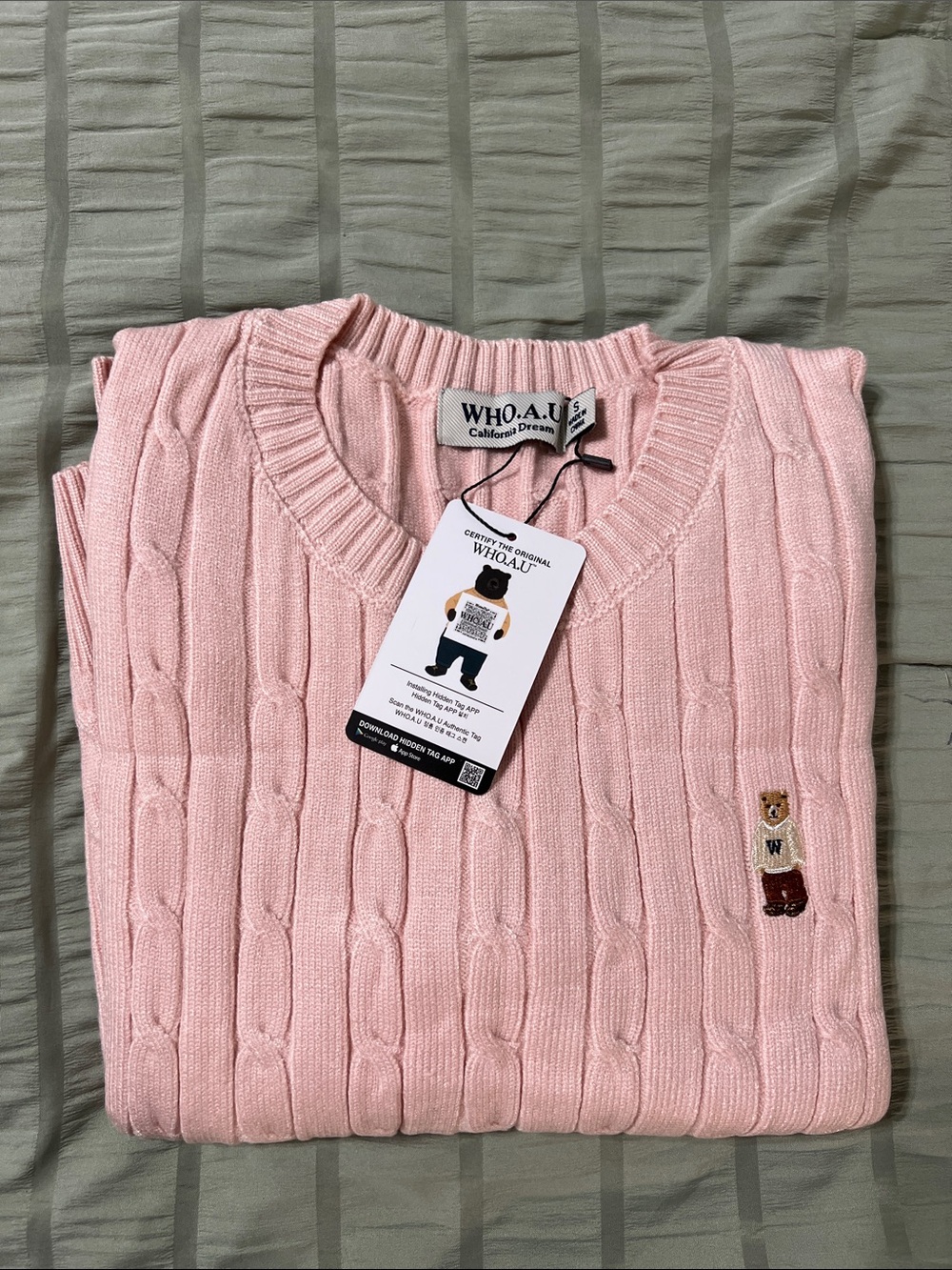 WHO.A.U Pink Cable-Knit Crewneck Sweater